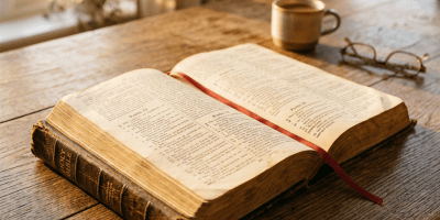 Open Bible with red ribbon bookmark on wooden table, coffee cup, and reading glasses